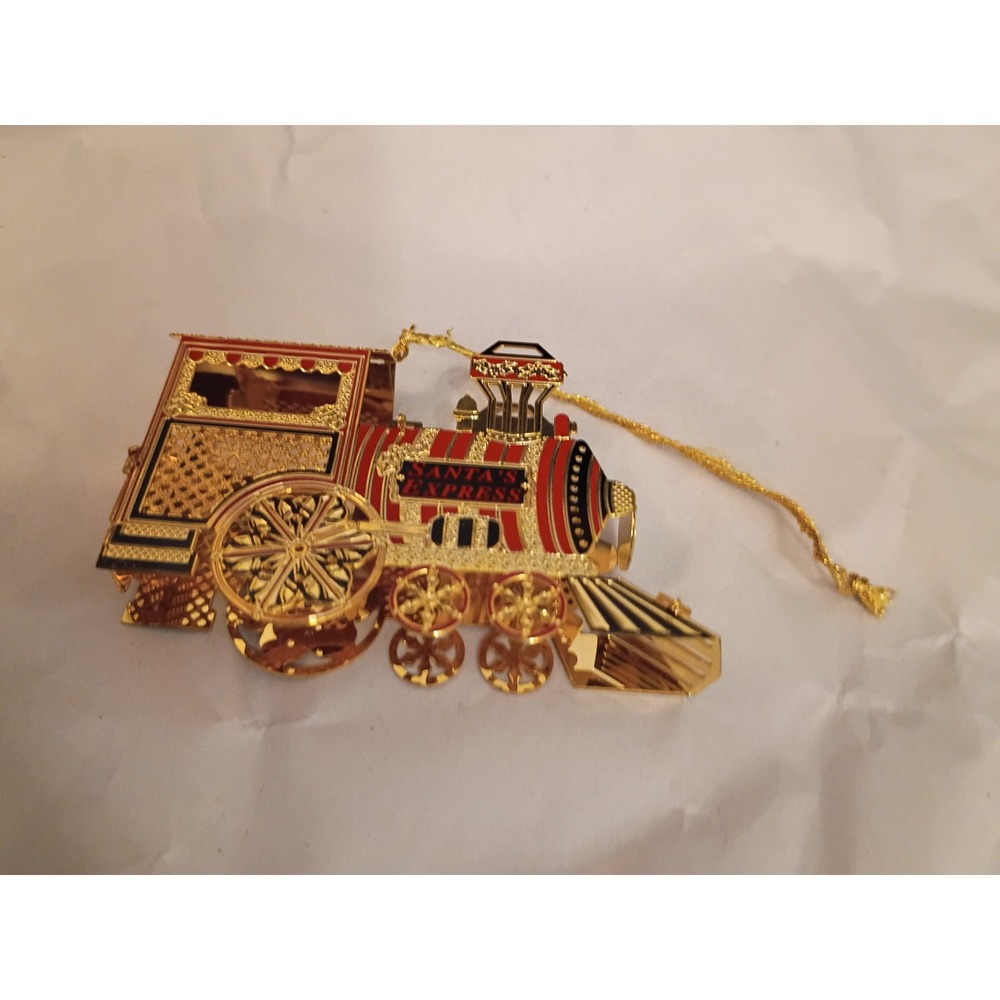 Gold Tone Filigree Santa's Express Train Locomotive Christmas Ornament Red Black